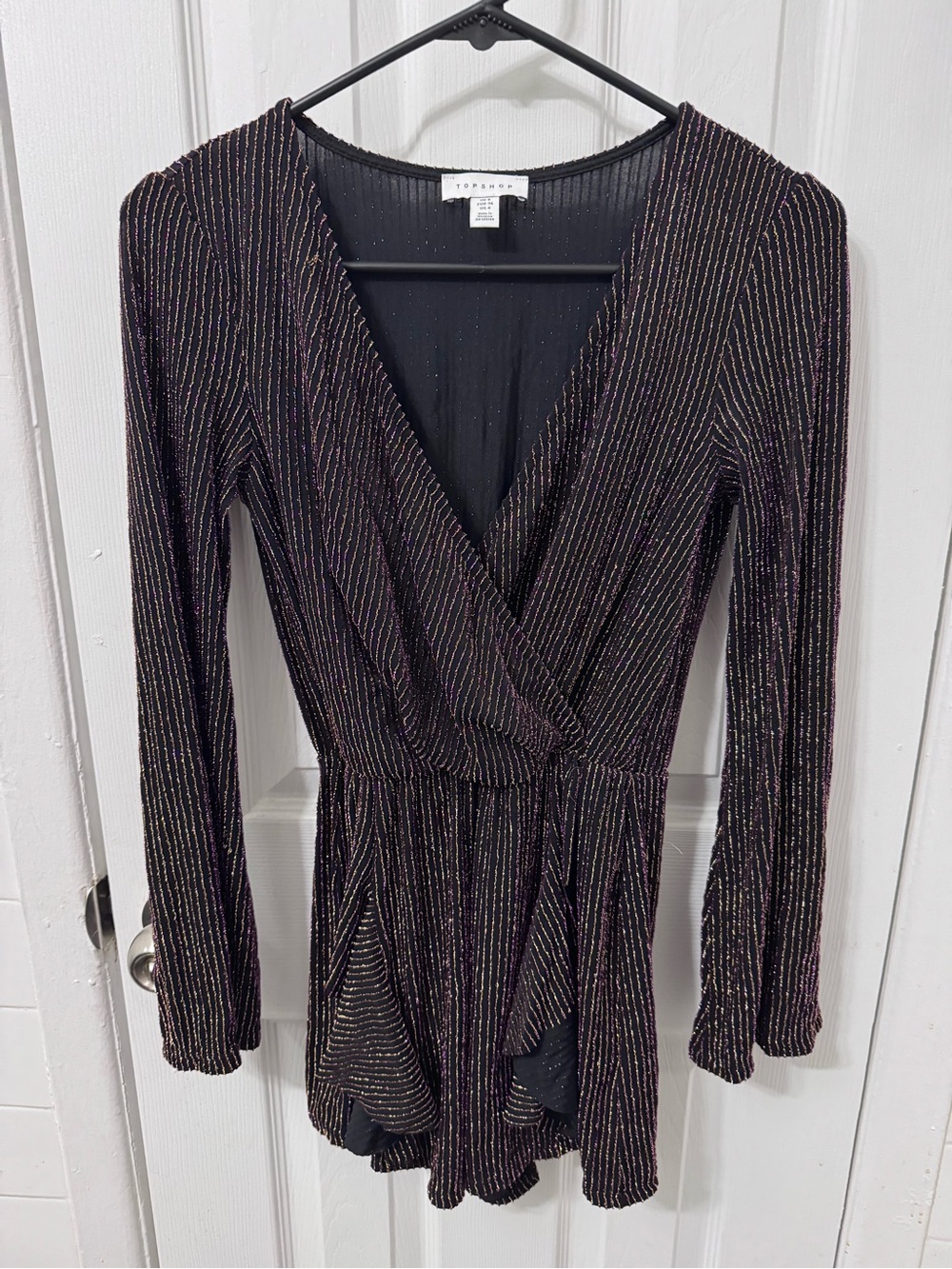Topshop Black Metallic-Stripe Long Sleeve Wrap Romper
